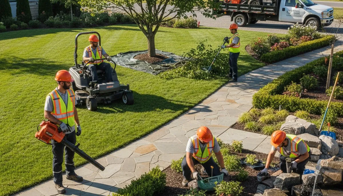 Landscaping crew shaping a Pittsburgh, PA yard for tree care and outdoor maintenance