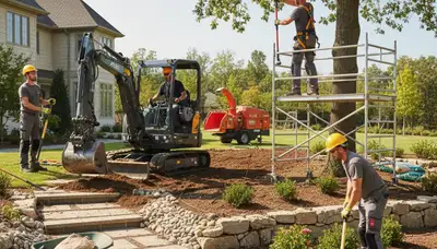 Landscaping crew in Pittsburgh, PA shaping a residential yard for tree care services