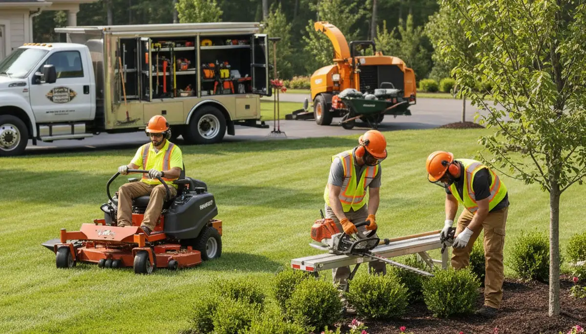 Pittsburgh, PA tree service crew shaping landscaping for a residential property