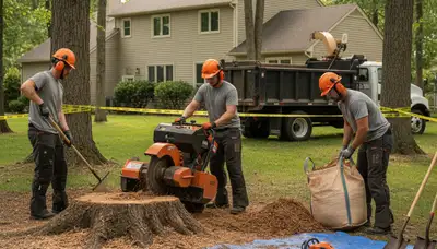 Stump removal service in Pittsburgh, PA clearing old tree stumps from a residential yard