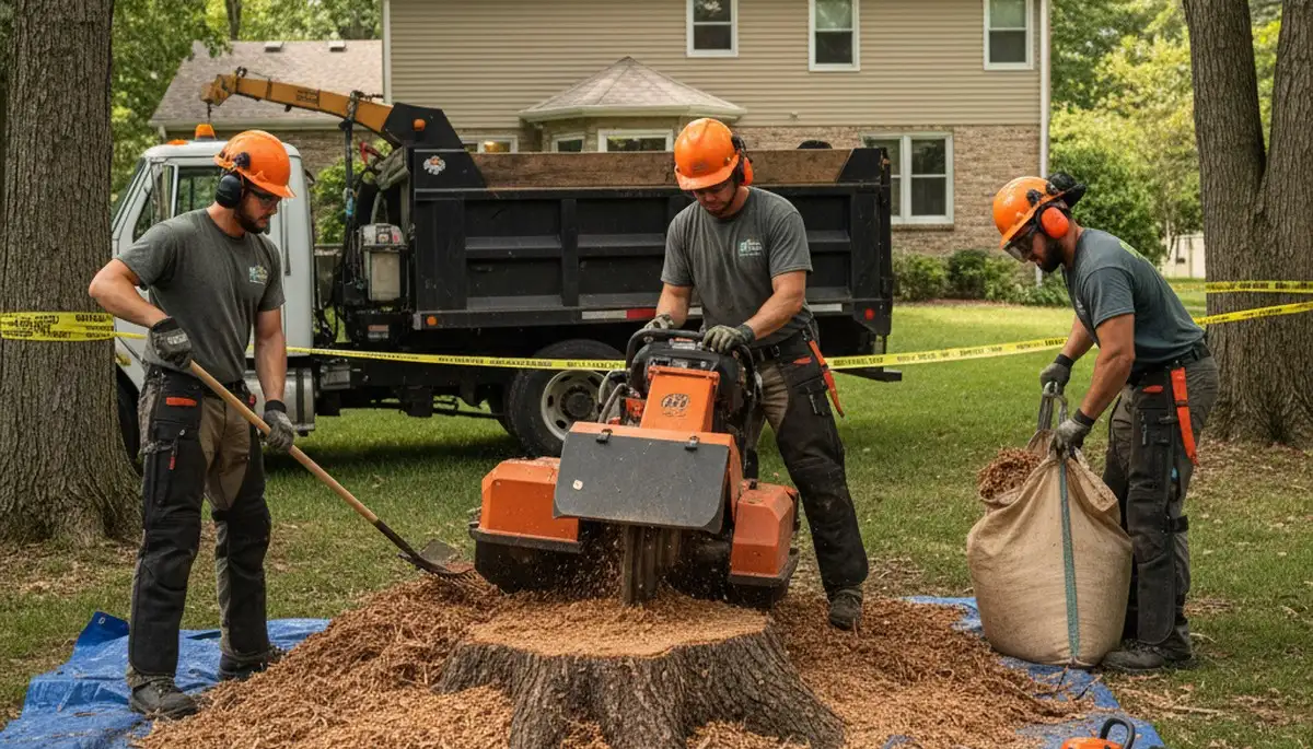 Stump removal service in Pittsburgh, PA clearing an old tree stump from a residential yard