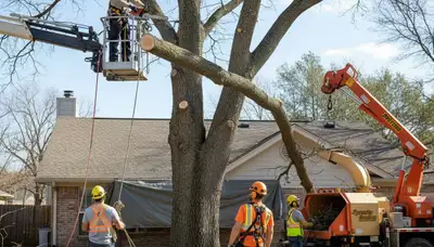 Professional tree removal crew in Pittsburgh, PA removing a dead tree safely with a bucket truck