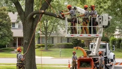 Tree removal crew in Pittsburgh, PA safely removing a storm-damaged tree from a residential property
